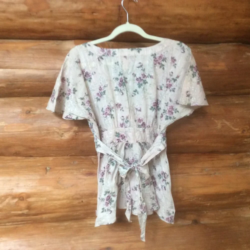 Tommy Jeans Y2K Floral Silver Metallic Threads Babydoll Retro Top Size Medium - Picture 2 of 5